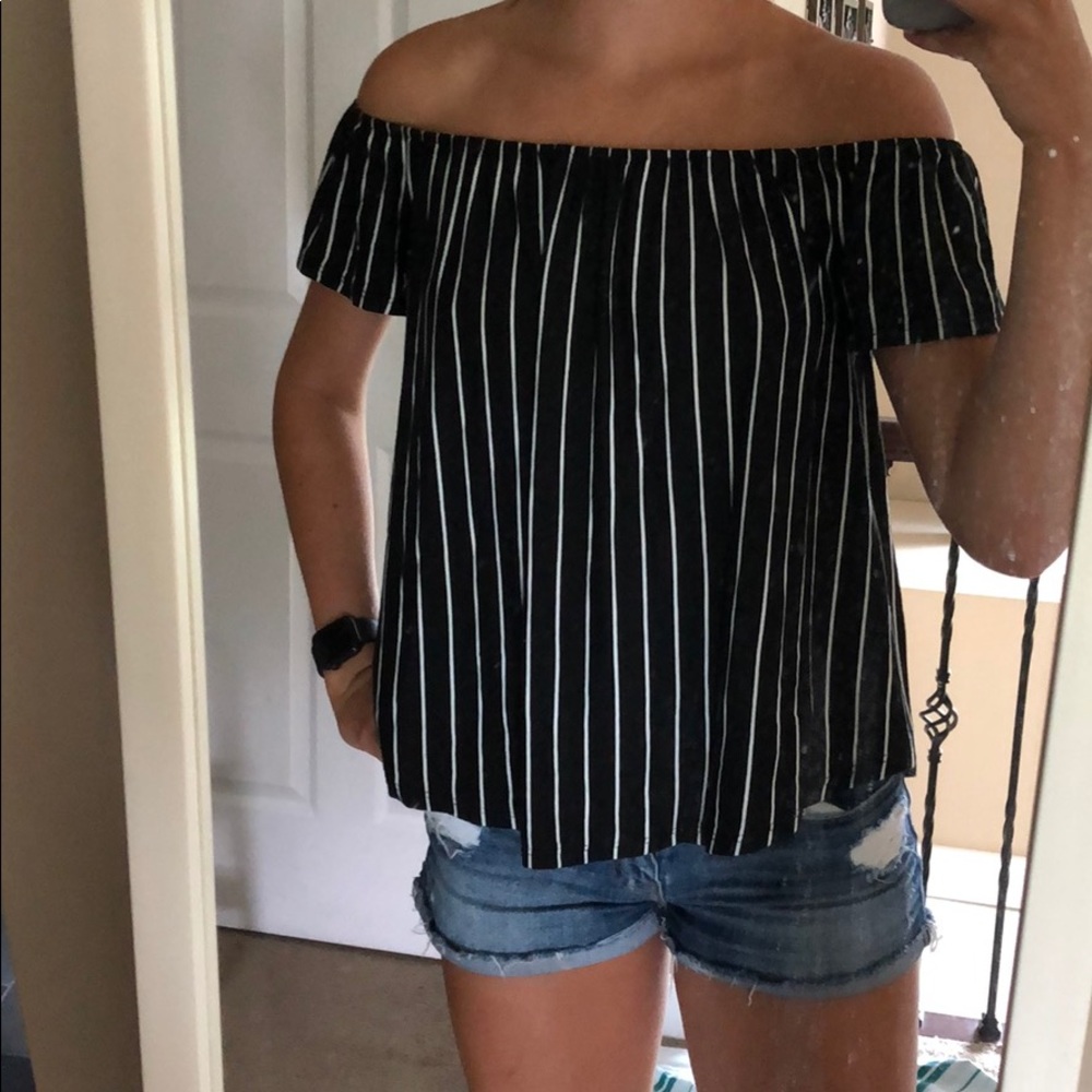 Off the shoulder black and white striped shirt